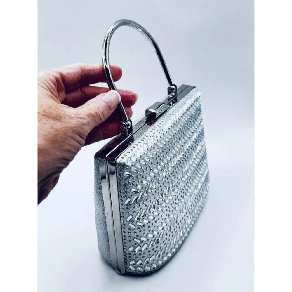 Silver Rhinestone Box Clutch Purse Evening Bag Top Handle Crossbody Chain